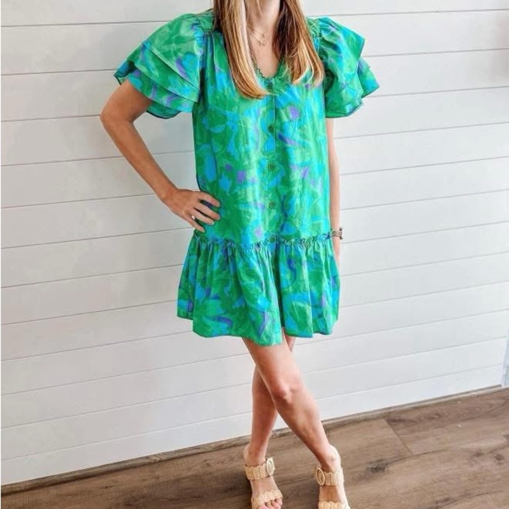Peach Love Vibrant Green and Blue Mini Dress